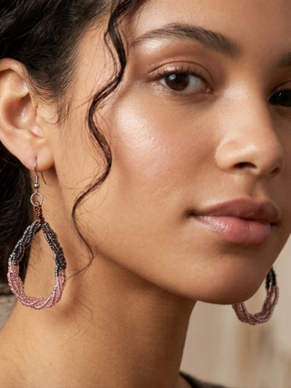 Handcrafted Pink And Black Glass Bead Dangle Earrings